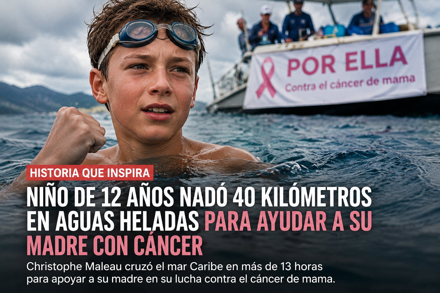Niño de 12 años nadó 40 kilómetros en aguas heladas para ayudar a su madre con cáncer y emociona al mundo