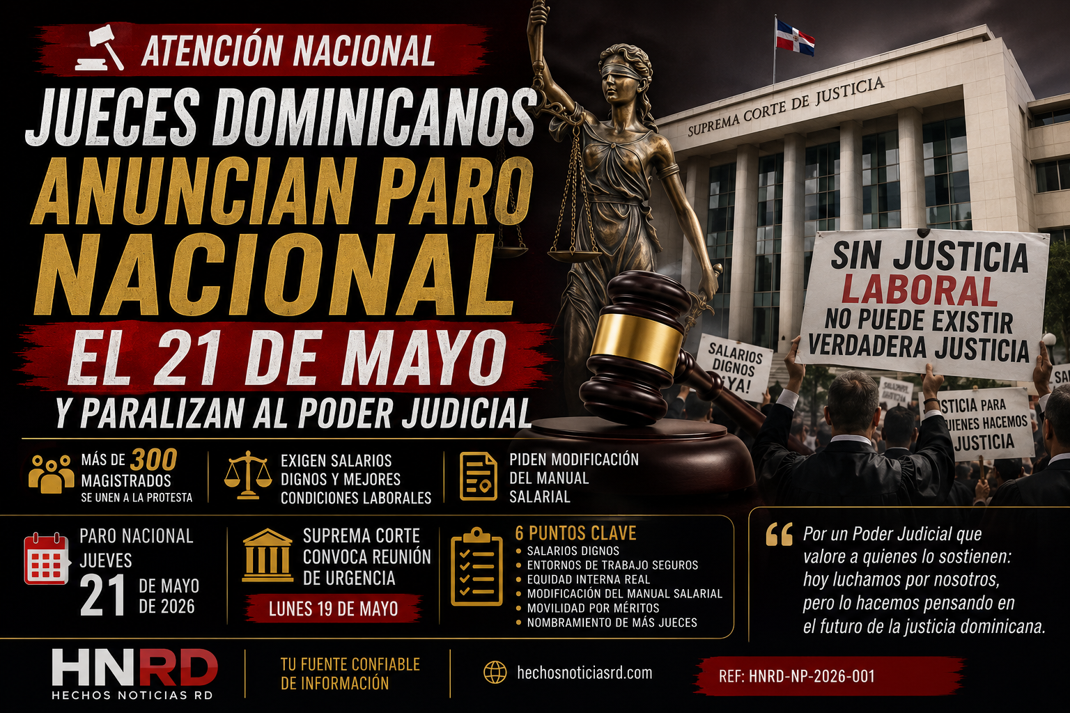 Jueces dominicanos anuncian paro nacional el 21 de mayo y paralizan al Poder Judicial