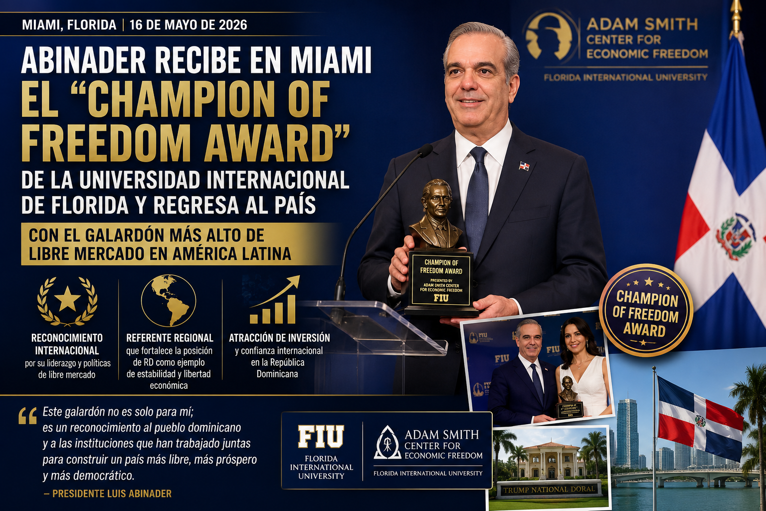Abinader recibe en Miami el "Champion of Freedom Award" de la Universidad Internacional de Florida y regresa al país con el galardón más alto de libre mercado en América Latina