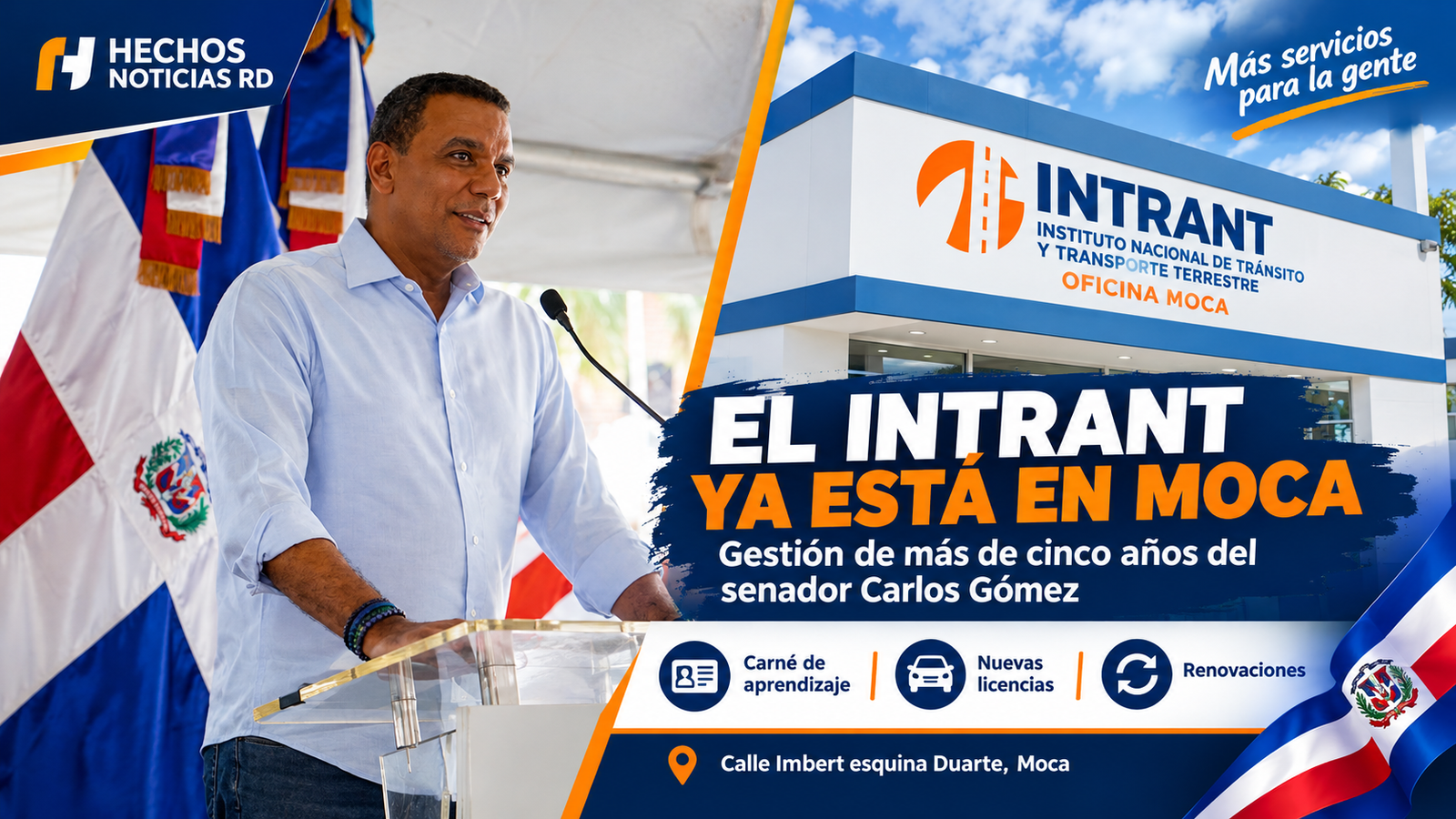 Senador Carlos Gómez logra apertura de oficinas del INTRANT en Moca tras más de cinco años de gestiones